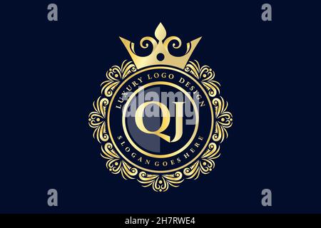 QJ Initial Letter Gold calligraphic feminine floral hand drawn heraldic monogram antique vintage style luxury logo design Premium Stock Vector