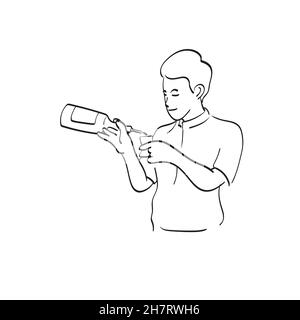 male bartender in action with bottle illustration vector isolated on white background line art. Stock Vector