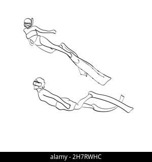Scuba divers swimming under water illustration vector isolated on white background line art. Stock Vector