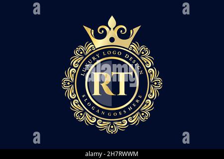 RT Initial Letter Gold calligraphic feminine floral hand drawn heraldic monogram antique vintage style luxury logo design Premium Stock Vector