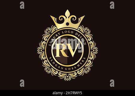 RV Initial Letter Gold calligraphic feminine floral hand drawn heraldic monogram antique vintage style luxury logo design Premium Stock Vector