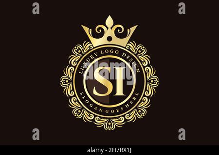 SI Initial Letter Gold calligraphic feminine floral hand drawn heraldic monogram antique vintage style luxury logo design Premium Stock Vector