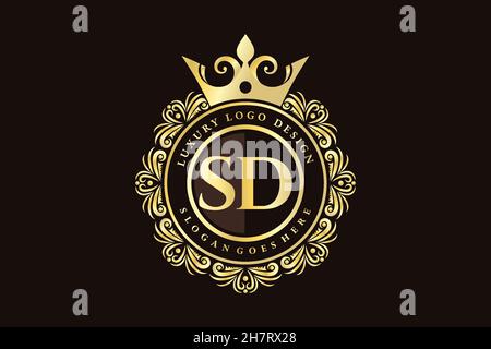 SD Initial Letter Gold calligraphic feminine floral hand drawn heraldic monogram antique vintage style luxury logo design Premium Stock Vector