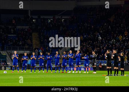 Cardiff, UK. 06th Nov, 2021. Cardiff City Players observe a minute