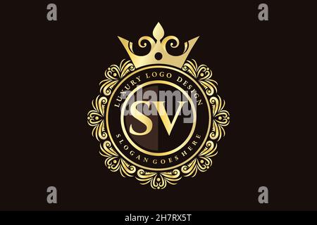 SV Initial Letter Gold calligraphic feminine floral hand drawn heraldic monogram antique vintage style luxury logo design Premium Stock Vector