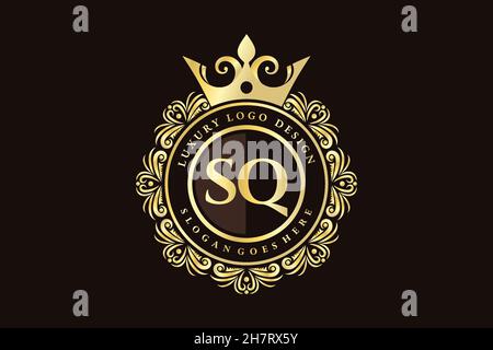 SQ Initial Letter Gold calligraphic feminine floral hand drawn heraldic monogram antique vintage style luxury logo design Premium Stock Vector