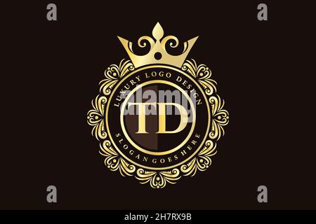 TD Initial Letter Gold calligraphic feminine floral hand drawn heraldic monogram antique vintage style luxury logo design Premium Stock Vector