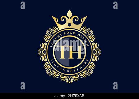 TH Initial Letter Gold calligraphic feminine floral hand drawn heraldic monogram antique vintage style luxury logo design Premium Stock Vector