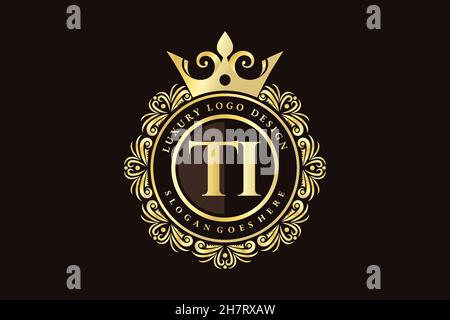 TI Initial Letter Gold calligraphic feminine floral hand drawn heraldic monogram antique vintage style luxury logo design Premium Stock Vector