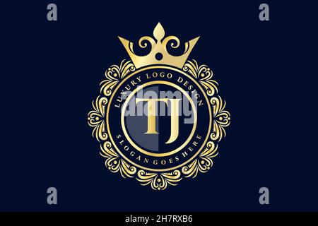 TJ Initial Letter Gold calligraphic feminine floral hand drawn heraldic monogram antique vintage style luxury logo design Premium Stock Vector
