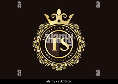 TS Initial Letter Gold calligraphic feminine floral hand drawn heraldic monogram antique vintage style luxury logo design Premium Stock Vector