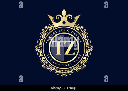 TZ Initial Letter Gold calligraphic feminine floral hand drawn heraldic monogram antique vintage style luxury logo design Premium Stock Vector