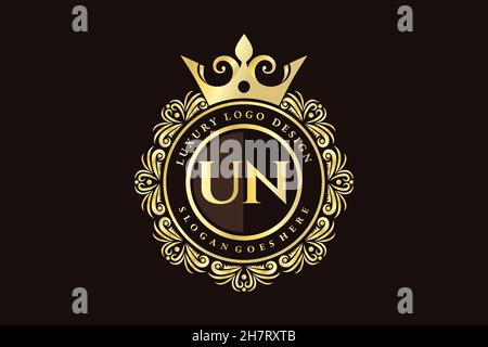 UN Initial Letter Gold calligraphic feminine floral hand drawn heraldic monogram antique vintage style luxury logo design Premium Stock Vector