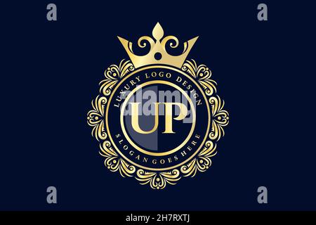 UP Initial Letter Gold calligraphic feminine floral hand drawn heraldic monogram antique vintage style luxury logo design Premium Stock Vector
