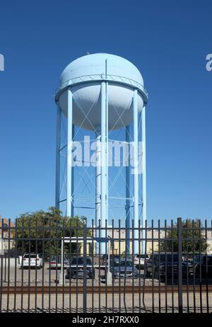 FARGO, NORTH DAKOTA - 4 OCT 2021: Water tower in the downtown area of Fargo, adjacent ot the Ford Building. Stock Photo