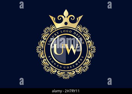 UW Initial Letter Gold calligraphic feminine floral hand drawn heraldic monogram antique vintage style luxury logo design Premium Stock Vector