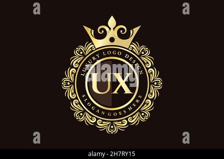UX Initial Letter Gold calligraphic feminine floral hand drawn heraldic monogram antique vintage style luxury logo design Premium Stock Vector