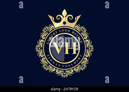 VH Initial Letter Gold calligraphic feminine floral hand drawn heraldic monogram antique vintage style luxury logo design Premium Stock Vector