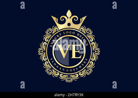 VE Initial Letter Gold calligraphic feminine floral hand drawn heraldic monogram antique vintage style luxury logo design Premium Stock Vector