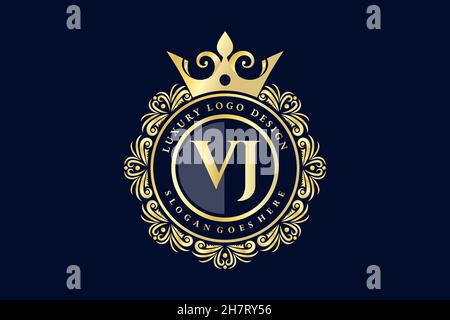 VJ Initial Letter Gold calligraphic feminine floral hand drawn heraldic monogram antique vintage style luxury logo design Premium Stock Vector