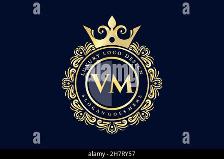 VM Initial Letter Gold calligraphic feminine floral hand drawn heraldic monogram antique vintage style luxury logo design Premium Stock Vector