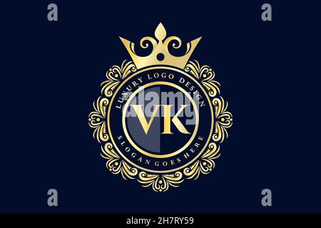 VK Initial Letter Gold calligraphic feminine floral hand drawn heraldic monogram antique vintage style luxury logo design Premium Stock Vector