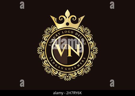 VN Initial Letter Gold calligraphic feminine floral hand drawn heraldic monogram antique vintage style luxury logo design Premium Stock Vector