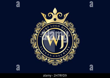 WJ Initial Letter Gold calligraphic feminine floral hand drawn heraldic monogram antique vintage style luxury logo design Premium Stock Vector