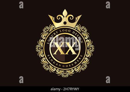XX Initial Letter Gold calligraphic feminine floral hand drawn heraldic monogram antique vintage style luxury logo design Premium Stock Vector
