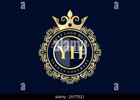 YH Initial Letter Gold calligraphic feminine floral hand drawn heraldic monogram antique vintage style luxury logo design Premium Stock Vector