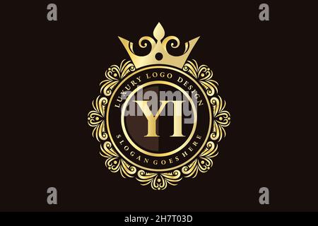 YI Initial Letter Gold calligraphic feminine floral hand drawn heraldic monogram antique vintage style luxury logo design Premium Stock Vector