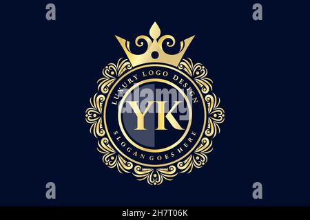 YK Initial Letter Gold calligraphic feminine floral hand drawn heraldic monogram antique vintage style luxury logo design Premium Stock Vector