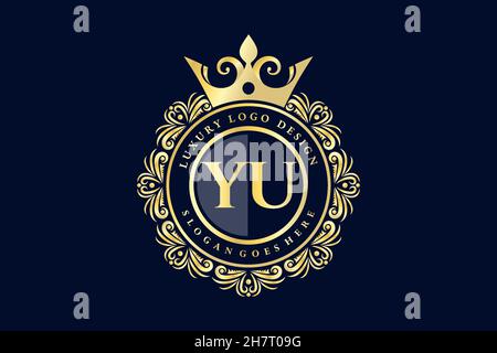 YU Initial Letter Gold calligraphic feminine floral hand drawn heraldic monogram antique vintage style luxury logo design Premium Stock Vector