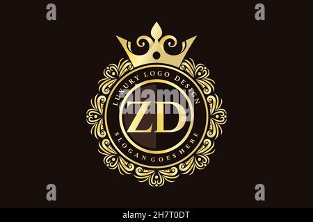 ZD Initial Letter Gold calligraphic feminine floral hand drawn heraldic monogram antique vintage style luxury logo design Premium Stock Vector