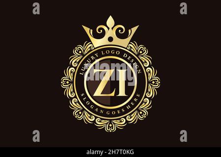 ZI Initial Letter Gold calligraphic feminine floral hand drawn heraldic monogram antique vintage style luxury logo design Premium Stock Vector