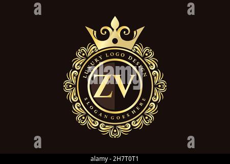 ZV Initial Letter Gold calligraphic feminine floral hand drawn heraldic monogram antique vintage style luxury logo design Premium Stock Vector