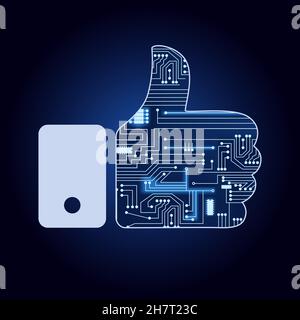 Like icon with thumb up filed by electronics circuit. Blue and gradient background. Stock Vector