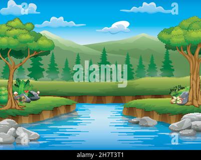 Nature scene with river in the forest illustration Stock Vector Image ...