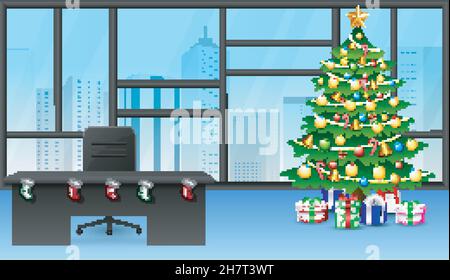 Cartoon of decoration christmas tree in the office Stock Vector