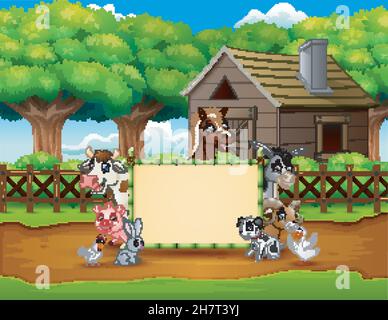 Cartoon animals farm with a blank sign Stock Vector
