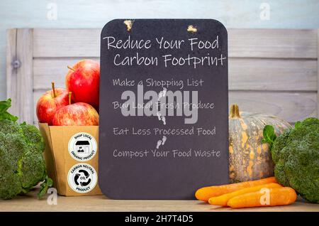 Chalkboard with Reduce your food carbon footprint heading and list of ways to reduce carbon pollution, sustainable living and ethical consumerism. Stock Photo