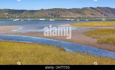 Yachts moored in the Knysna Lagoon in South Africa's Garden Route. Stock Photo