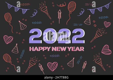 happy new year 2022 flat design with balloon, trumpet, love, and fireworks hand drawn Stock Vector