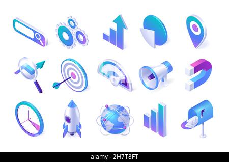 Isometric seo and marketing icons. Browser window, gears, arrow and pie charts, map pin, magnifier and target with loudspeaker. Magnet, clock, startup rocket, Earth globe and mail box 3d vector set Stock Vector