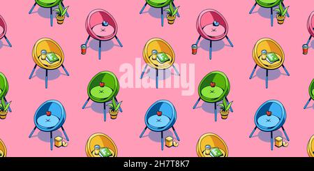 Modern chairs, furniture for office and home interior. Vector illustration with isometric colored round armchairs with coffee cups, pots with plants and paper on pink background Stock Vector