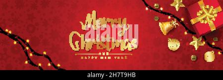 Merry Christmas background. Christmas red gift box with golden bell . wed banner Vector illustration design Stock Vector