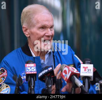 NASA Administrator Bill Nelson delivers an announcement during a press conference at the Orlando International Airport about the implementation of a NASA-developed flight scheduling technology to all airports across the country in 2023.The Airspace Technology Demonstration 2 (ATD-2) system was transferred to the Federal Aviation Administration (FAA) in September. This technology will allow planes to roll directly to the runway for takeoff to avoid excessive taxi-out time and hold time thereby reducing fuel use, emissions, and passenger delays. (Photo by Paul Hennessy/SOPA Images/Sipa USA) Stock Photo