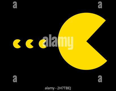 Yellow Pac-Man shapes isolated over black background - parent Pac-Man with children Stock Photo