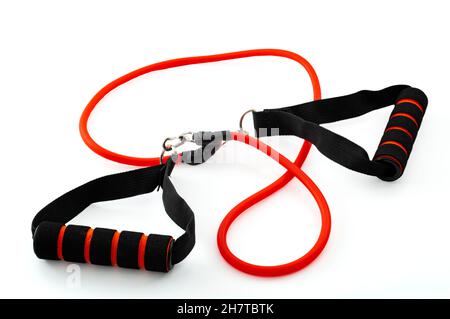 Home gym and strength training concept with rubber resistance bands isolated on white background with clipping path cutout Stock Photo