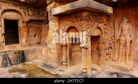 Cave 1 : Lower storey, Tight side of Rani Gumpha, Queen's Cave showing attendant, Udaygiri caves, Bhubaneswar, Odisha, India. Stock Photo
